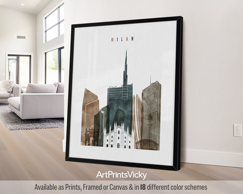 Milan Modern Wall Poster in Earthy Watercolors, Vertical, Framed, Unframed or Canvas | ArtPrintsVicky