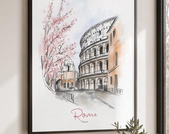 Rome Poster, Colosseum Art Print Drawing, Italy Travel Wall Art Cityscape