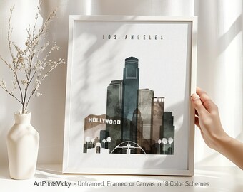 Los Angeles art print, watercolor poster, Travel Wall art, Los Angeles skyline, California, office and home decor | ArtPrintsVicky