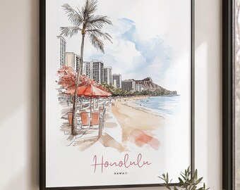 Honolulu Hawaii Wall Art, Travel Poster, Waikiki Beach Watercolor Print, Coastal wall decor
