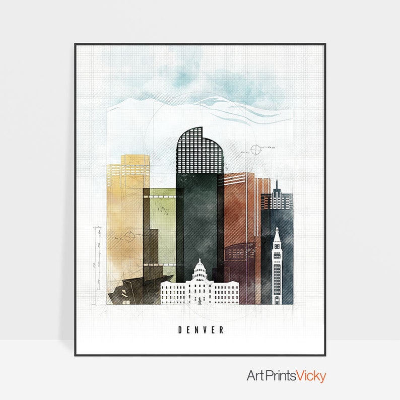 Denver Skyline Art Print Denver Watercolor Poster Urban by Etsy