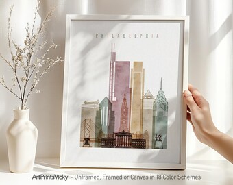Philadelphia skyline print, Philadelphia watercolor poster, Pennsylvania wall art, travel poster, wall decor. | ArtPrintsVicky
