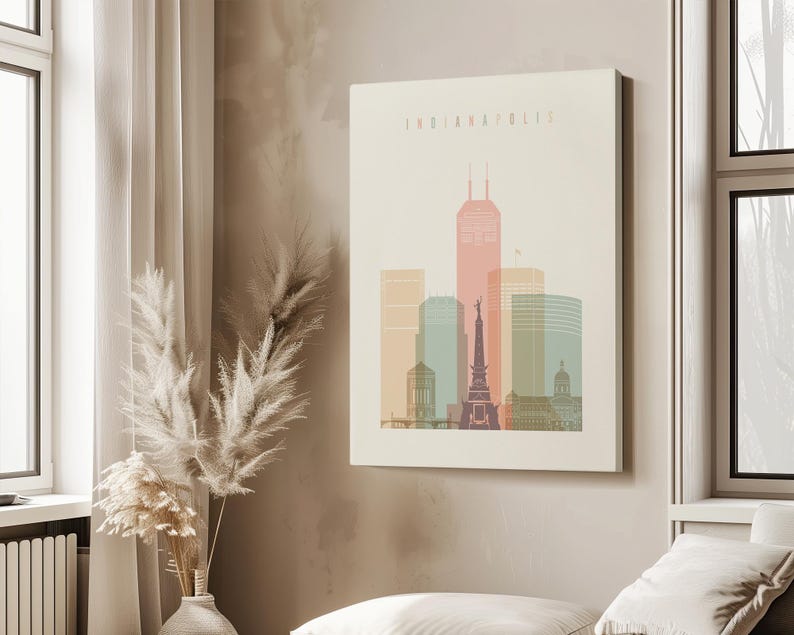 Indianapolis Minimalist Skyline Poster in Warm Pastels, Vertical, Framed, Unframed or Canvas | ArtPrintsVicky
