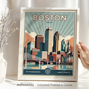 Boston Wall Art, Retro Print, Skyline Poster, Travel Gifts, Home and Office Decor