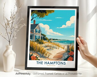 The Hamptons NY Travel Print, Coastal New York Poster, Housewarming Gift, Summer Getaway Poster