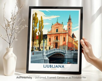 Ljubljana Travel Print Wall Art - Slovenia, Ljubljana Poster, Illustration Cityscape Art for Home or Office Decor, Gift