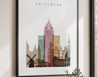 Amsterdam Wall Art Print, Skyline Poster, Netherlands Watercolor Cityscape Decor