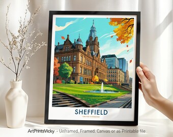 Sheffield Travel Print – UK, Sheffield Poster Illustration, Yorkshire Cityscape Home Decor, Housewarming Gift
