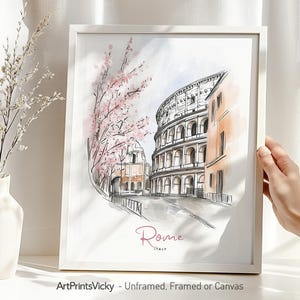 Rome Colosseum Print: Italy Travel Poster, Pink Floral Cityscape