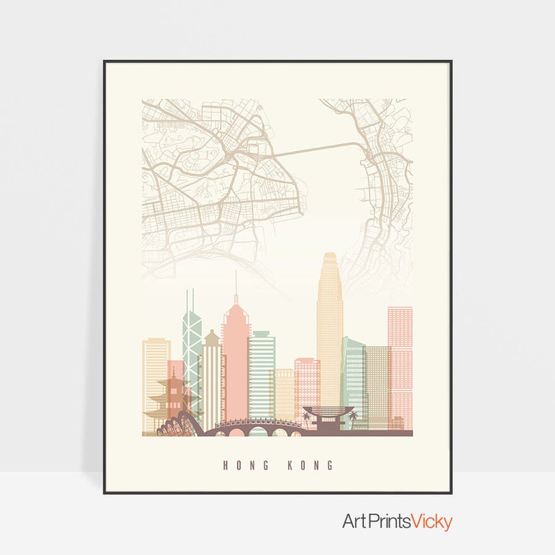 Hong Kong map poster print Hong Kong skyline wall art city | Etsy