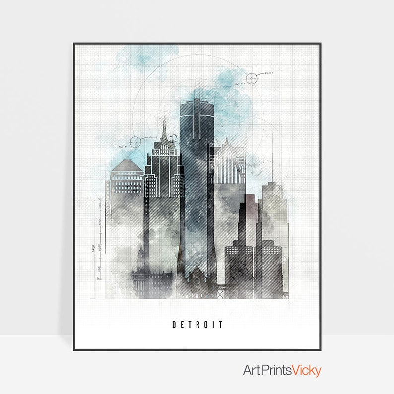 Detroit Skyline Detroit Art Wall Art Poster Detroit Print Etsy