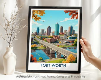 Fort Worth Travel Poster – Texas City Skyline Print | Modern Cityscape Wall Art for Home Office Decor or Gift