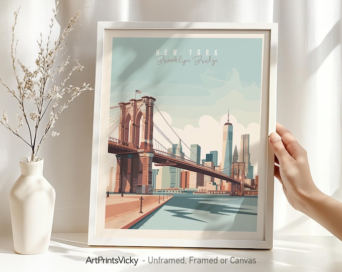 Featured listing image: New York City wall art print | Brooklyn Bridge poster | Iconic NYC Architecture Illustrations | Gifts | Pastel city prints | ArtPrintsVicky
