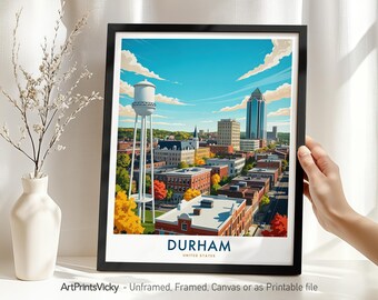 Durham Travel Print | Durham NC Poster Skyline | Modern Wall Art Decor for Home or Office | Housewarming Gift