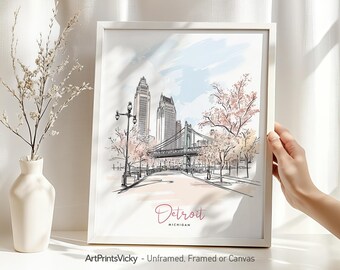 Detroit skyline poster, Detroit wall art print drawing, Home decor, City print, Travel Gift | ArtPrintsVicky
