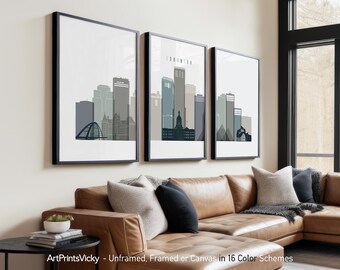Edmonton Canada 3 Piece Wall Art Prints, Edmonton Skyline Poster Set | ArtPrintsVicky