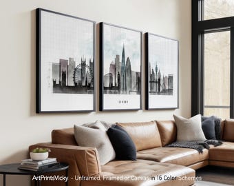 London 3 Piece Wall Art Prints, London Skyline Poster Set | ArtPrintsVicky