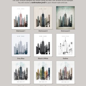 a collection of 18 color schemes, each representing a different style of New York City skyline. The color schemes include New York City as an example, Distressed 1, Distressed 2, Distressed 3, Distressed 4, Distressed 5, Distressed 6, Distressed 7, Distressed 8, Black & White, Outline, and Urban 1, Urban 2, Urban 3.