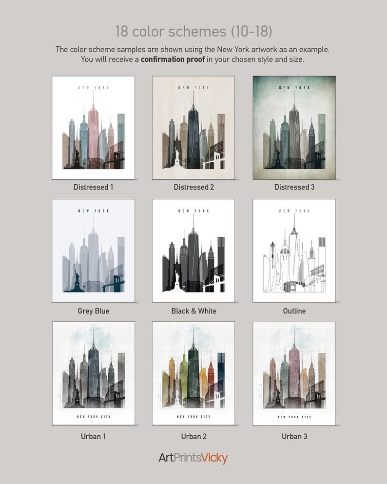 a collection of 18 color schemes, each representing a different style of New York City skyline. The color schemes include New York City as an example, Distressed 1, Distressed 2, Distressed 3, Distressed 4, Distressed 5, Distressed 6, Distressed 7, Distressed 8, Black & White, Outline, and Urban 1, Urban 2, Urban 3.