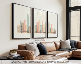 San Francisco 3 Piece Wall Art Prints, San Francisco Skyline Poster Set | ArtPrintsVicky