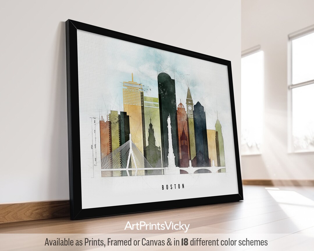 Boston Poster, Boston Wall Art Print, Massachusetts Skyline Travel