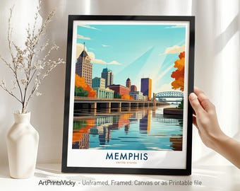 Memphis TN Travel Print Wall Art, Memphis Poster Skyline, Wall Hanging Cityscape Decor for Home or Office, Housewarming Gift