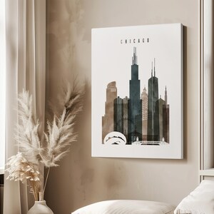 Chicago Modern Wall Poster in Earthy Watercolors, Vertical, Framed, Unframed or Canvas | ArtPrintsVicky