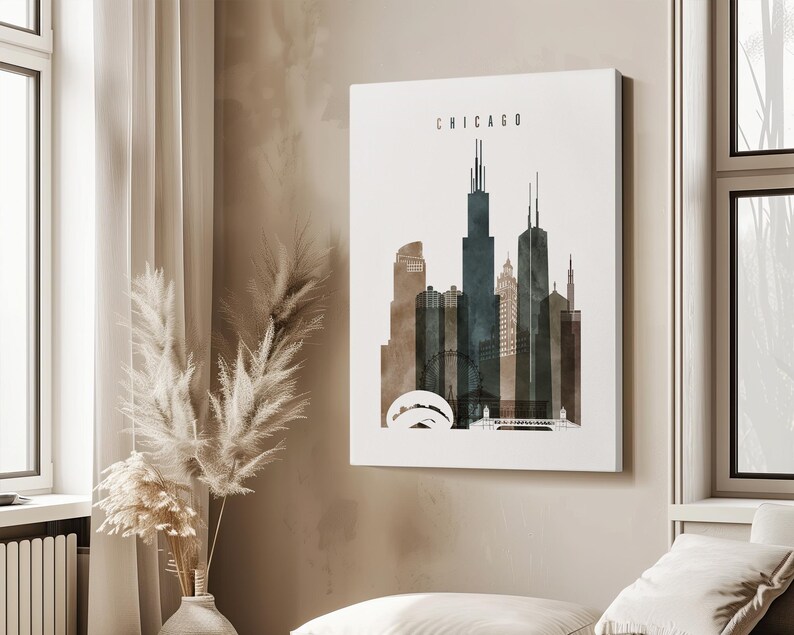 Chicago Modern Wall Poster in Earthy Watercolors, Vertical, Framed, Unframed or Canvas | ArtPrintsVicky