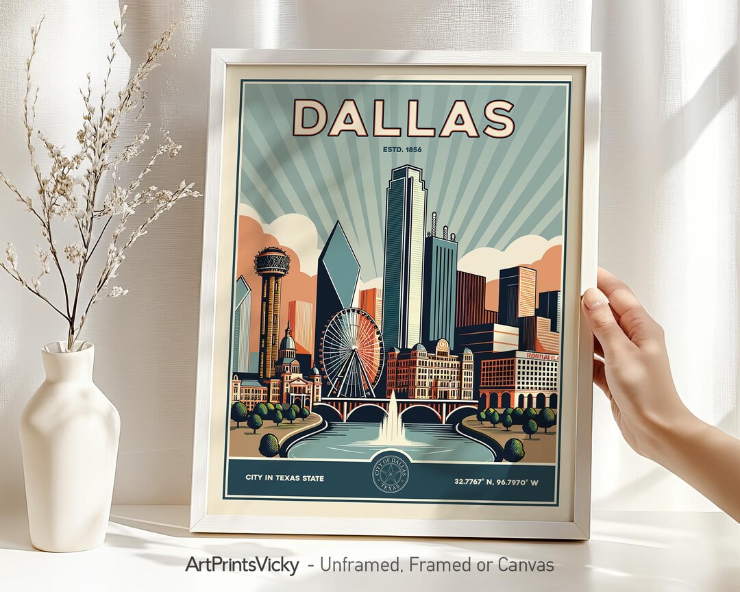 Dallas Skyline Print, Travel Poster in Retro Style, Texas