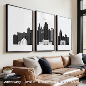 Láminas de arte mural de 3 piezas de Kansas City, juego de pósteres del horizonte de Kansas City / ArtPrintsVicky