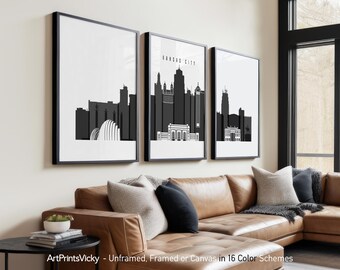Kansas City 3 Piece Wall Art Prints, Kansas City Skyline Poster Set | ArtPrintsVicky