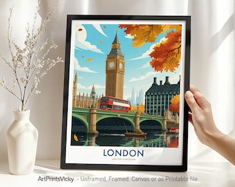London Travel Poster Wall Art - England, London Print, Cityscape for Home Office Decor, Housewarming Gift
