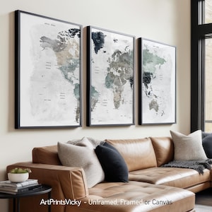 Arte de pared de 3 piezas / Juego de pósteres de mapa del mundo / Juego de 3 impresiones de mapa de pared / ArtPrintsVicky