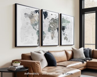 3 Piece Wall Art | World Map Poster set | Wall Map 3 Print Set | ArtPrintsVicky