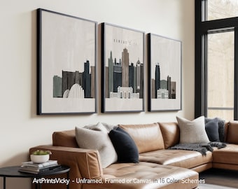 Kansas City 3 Piece Wall Art Prints, Kansas Skyline Poster Set | ArtPrintsVicky