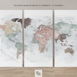 World map canvas 3 panel set