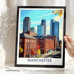 Manchester Skyline Print: Retro British Cityscape Art, Travel Poster