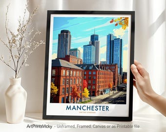 Manchester Travel Print, Manchester Skyline Wall Art Print, Retro British Cityscape Art, Housewarming Gift