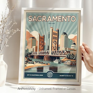 Sacramento Skyline Print: Retro Travel Poster, California Art