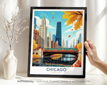 Chicago Skyline Wall Art Travel Poster, Cityscape Print, Riverwalk L Train, Home or Office Decor, Unique Gift