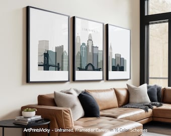Cincinnati 3 Piece Wall Art Prints, Cincinnati Skyline Poster Set | ArtPrintsVicky