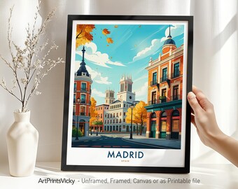 Madrid Travel Poster | Madrid Spain Print | Colourful Cityscape Wall Art for Home Decor of Gift | Spanish Architecture
