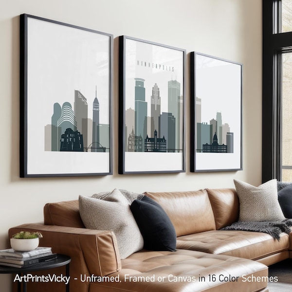 Minneapolis 3 Piece Wall Art Prints, Minnesota Skyline Poster Set, Triptych Decor
