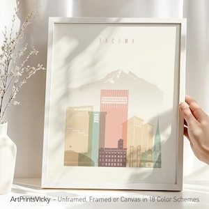 Tacoma Skyline Print: Minimalist Pastel Poster, Mount Rainier Art