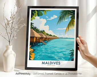 Maldives Travel Poster, Indian Ocean Print,  Coastal Wall Art Home Decor