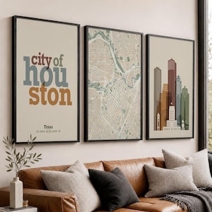 Houston Wall Art Set of 3 Prints Texas Map Skyline Typography Poster