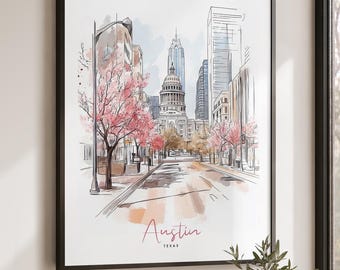 Austin Texas wall art print, Skyline watercolor poster, Home and office decor gifts