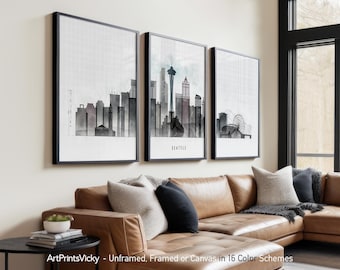 Seattle Triptych Wall Art | Set of 3 Prints | Space Needle Skyline | City Watercolor Decor | PNW Gift | ArtPrintsVicky
