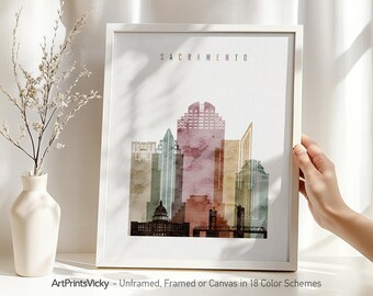 Sacramento print, Watercolor poster, California skyline wall art, Travel gifts, Personalised print | ArtPrintsVicky