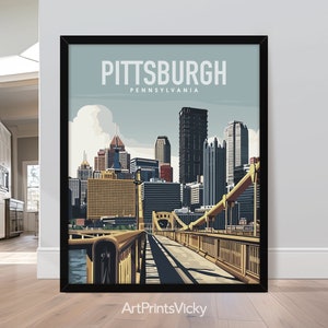 Pittsburgh Poster, Inspired Retro Travel Art Prints, in Earthy Tones, Featuring the city's aesthetic and its architecture landmarks, Sophisticated wall art for homes, offices, and unique gifts, Framed, Unframed or Canvas | ArtPrintsVicky